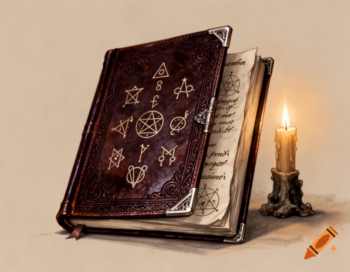 An old, ornate leather-bound grimoire with mystical symbols on its cover and open pages displaying illegible text and a pentagram, next to a lit candle.