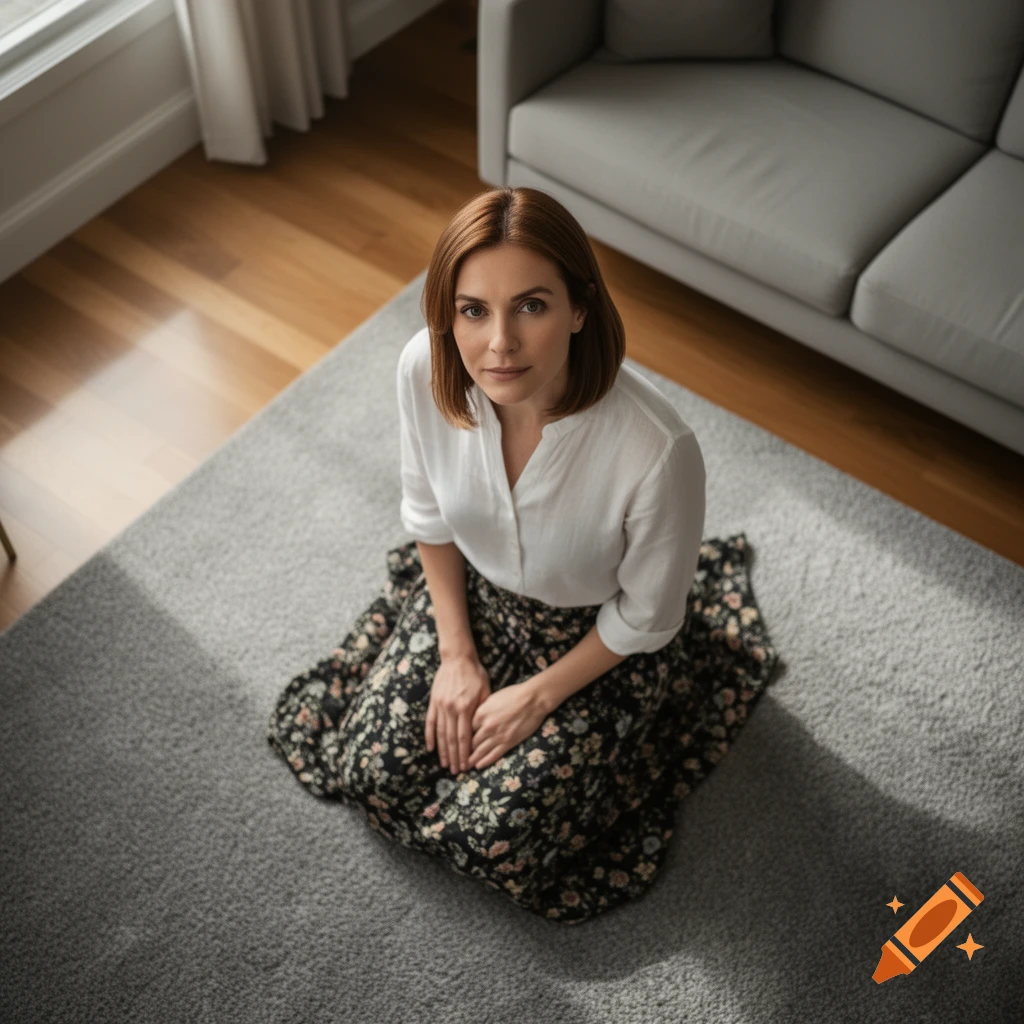 A woman with short brown hair kneels on a gray rug, looking up, wearing a white shirt and floral skirt, with a sofa and window in the background.