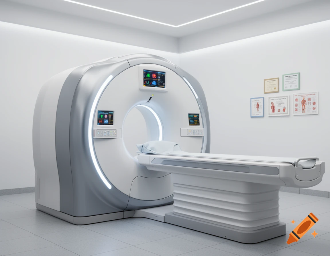 A modern MRI scanner with a patient bed in a clean, brightly lit medical room, with data screens and framed documents on the wall.