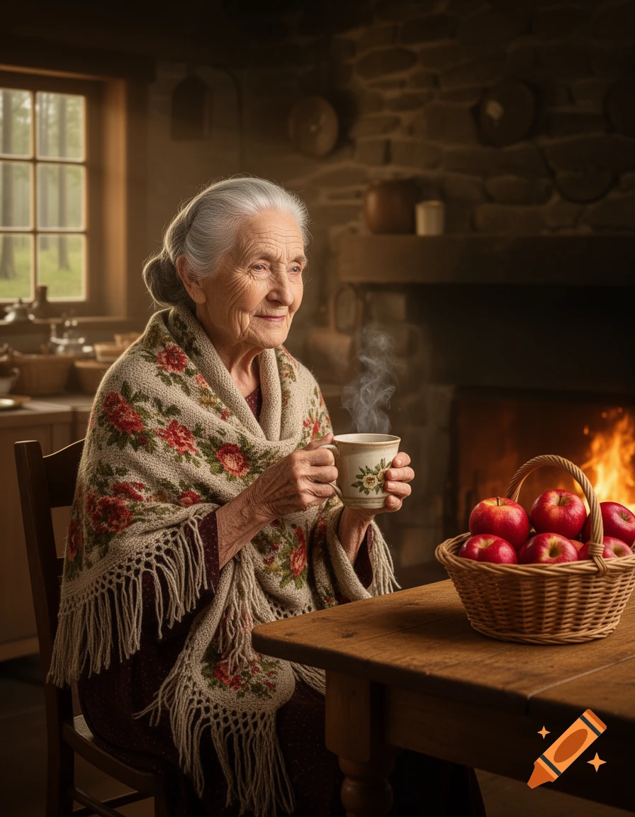 Photorealistic image of a smiling elderly woman in a shawl, holding a steaming mug in a rustic room with a fireplace and apples.