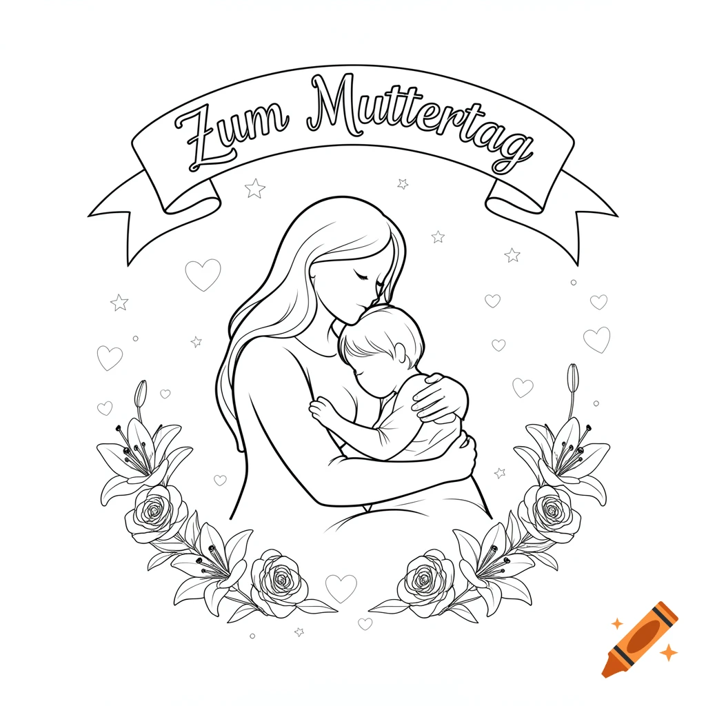 Black and white line art coloring page of a mother holding her baby, surrounded by flowers, with a banner reading 'Zum Muttertag'.