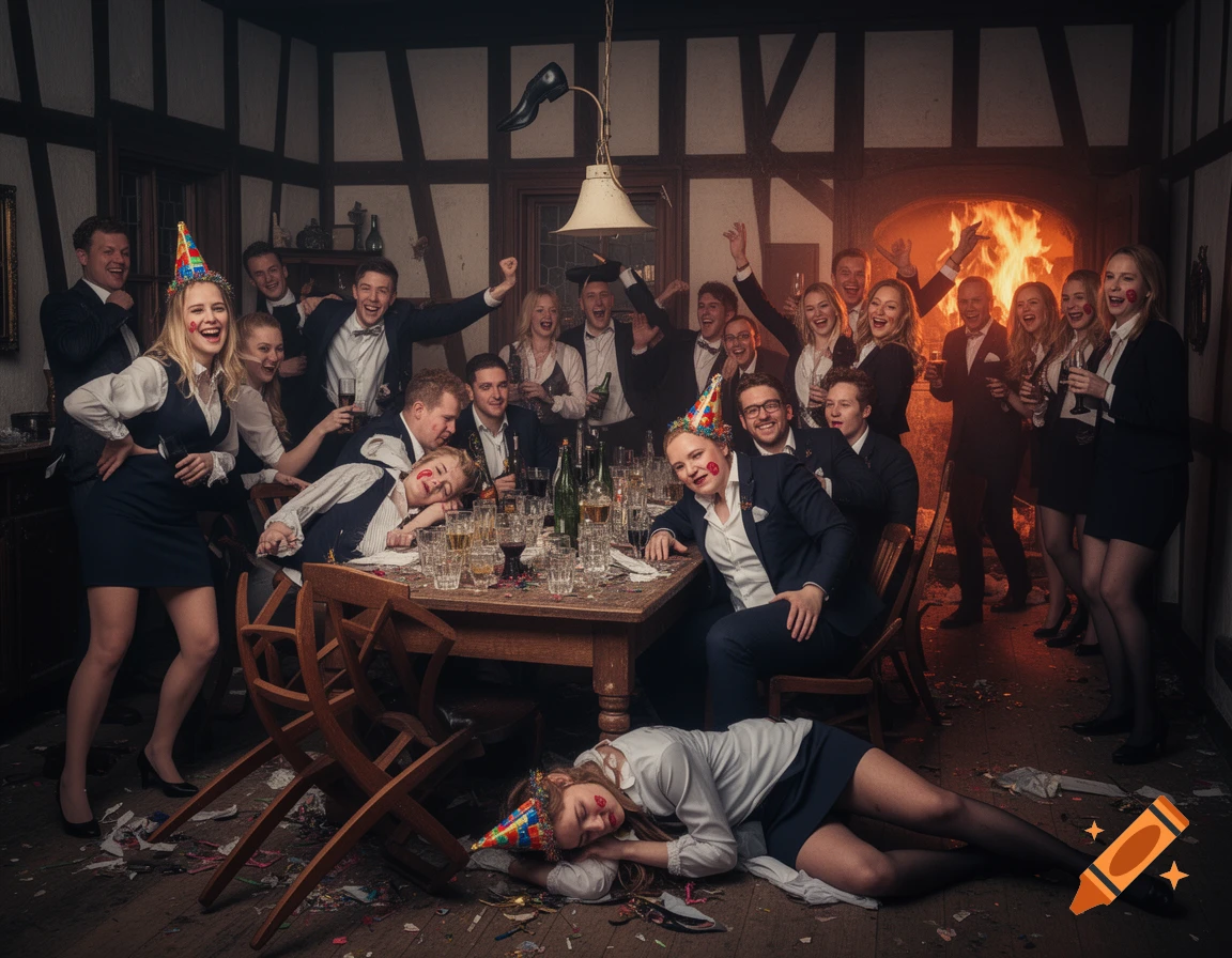 A chaotic office party in a timber-framed house with people in suits and dresses, some sleeping on a table or floor, and others laughing and holding drinks by a fireplace.