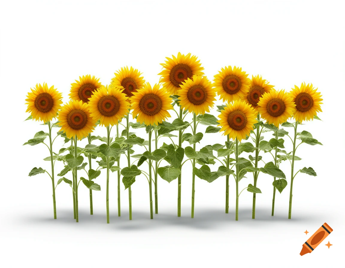 A cluster of vibrant yellow sunflowers with green stems and leaves, set against a clean white background, casting a soft shadow.