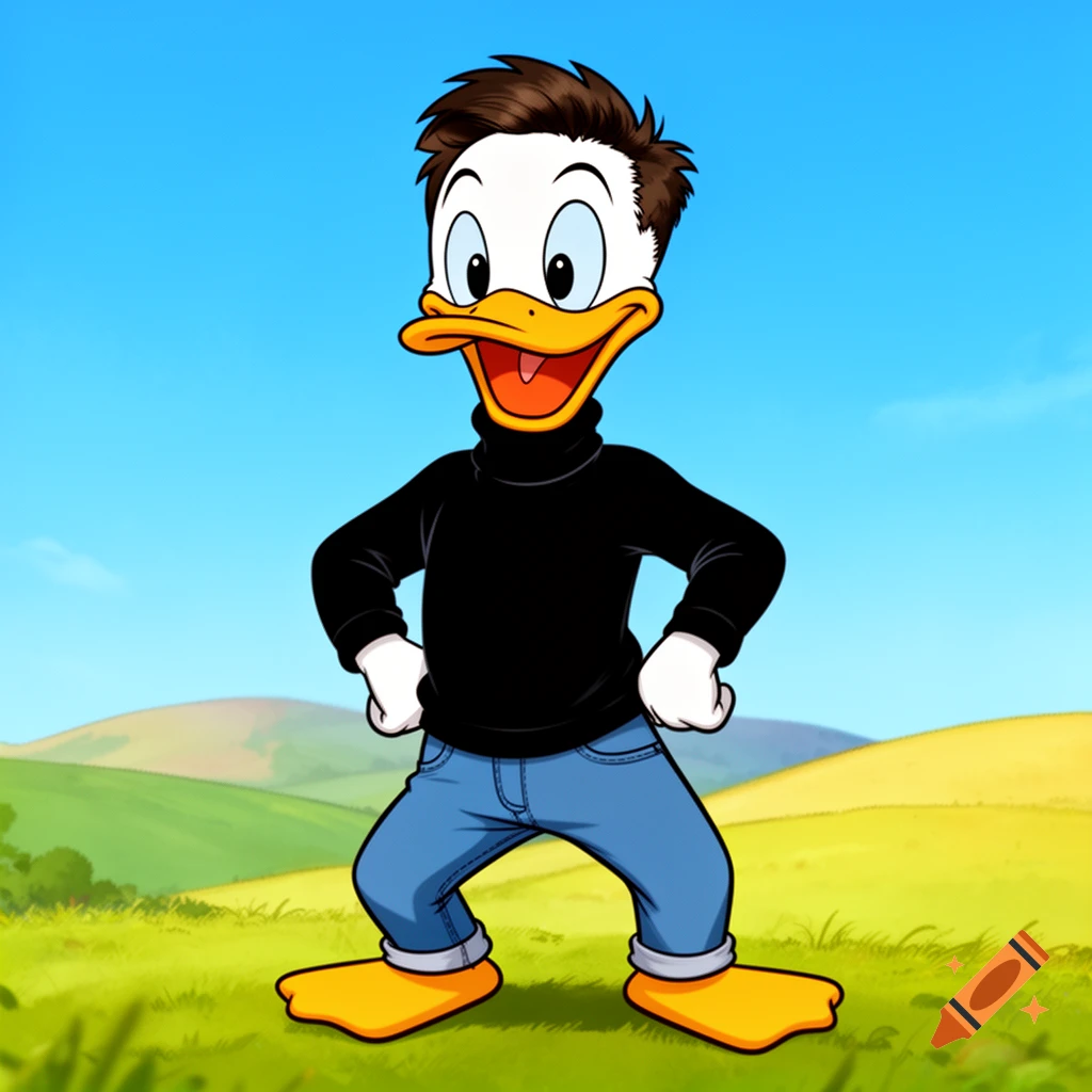 A cartoon duck character with Donald Duck's head and body, wearing a black turtleneck and jeans, with Elon Musk's hairstyle.