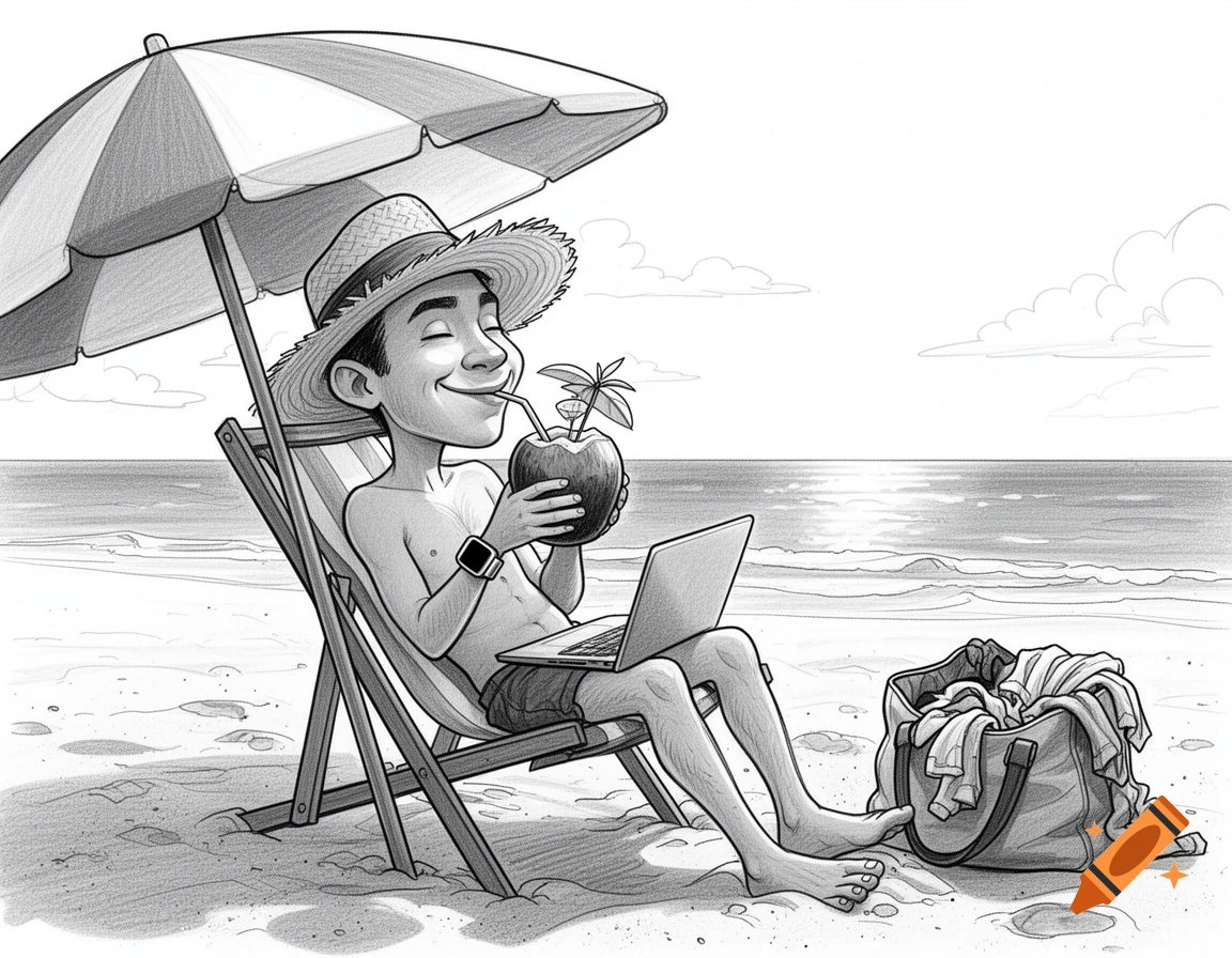 Black and white cartoon of a man relaxing on a beach under a parasol, sipping a coconut drink, with a laptop on his lap and a bag nearby.