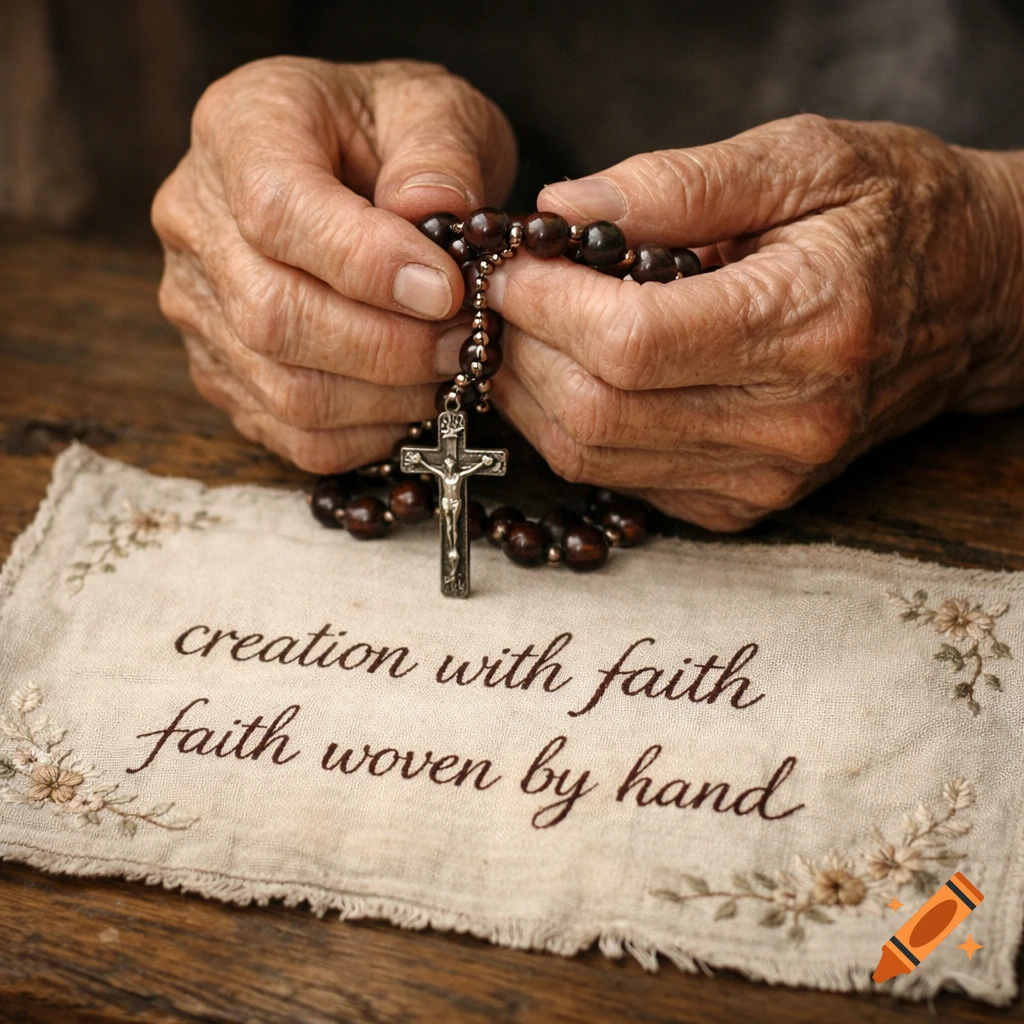 Close-up of wrinkled hands holding rosary beads over a cloth embroidered with "creation with faith faith woven by hand".