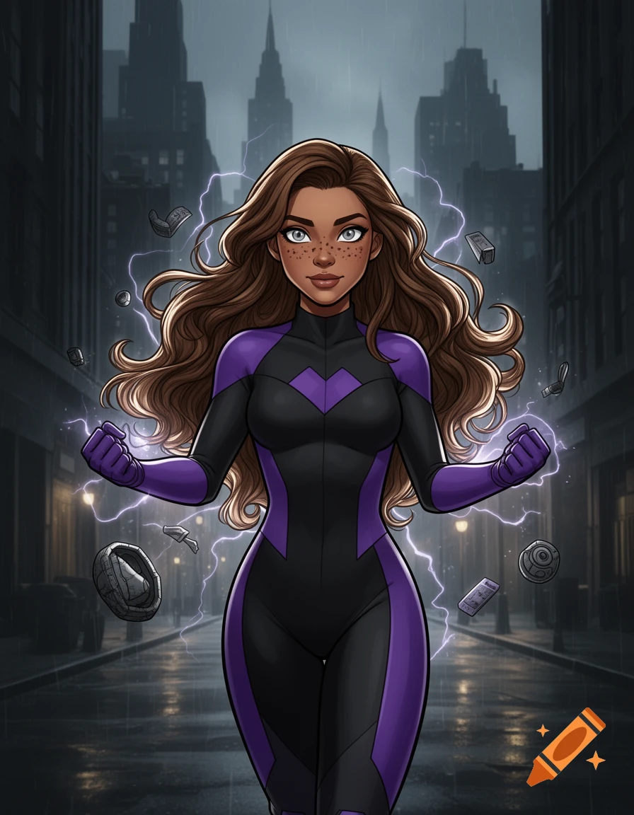 Animated comic of a brown-haired female superhero in a black and purple suit, manifesting telekinetic powers in a rainy city.