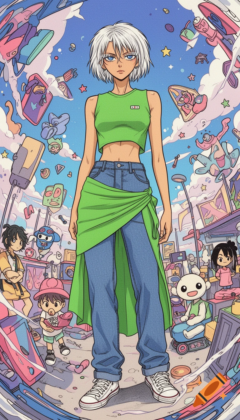 Anime-style woman with white hair and blue eyes in a green crop top, layered skirt over jeans, and Converse sneakers, in a playful, warped city environment.