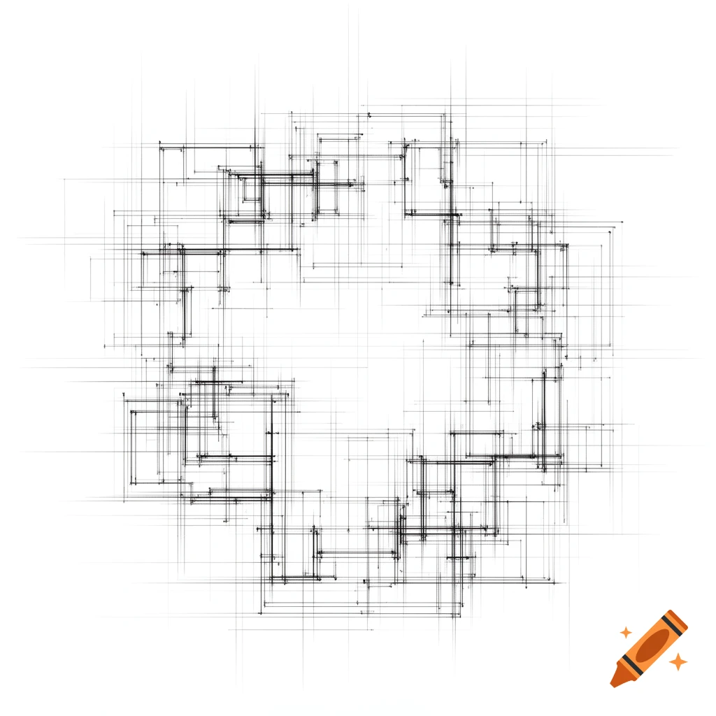An abstract technical drawing featuring intricate black lines forming interconnected rectangular shapes and outlines on a plain white background.