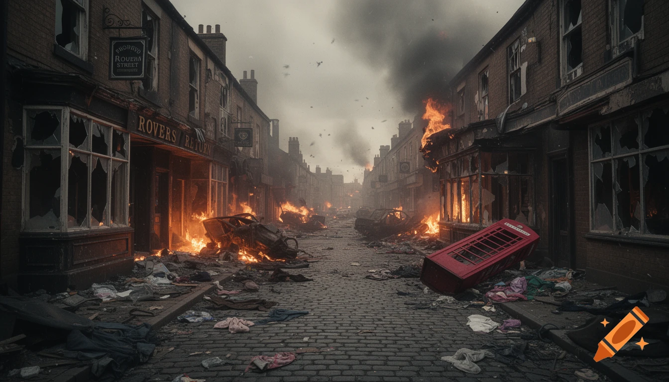 A desolate street resembling a warzone, with destroyed buildings, burning vehicles, rubble, and an overturned red telephone booth. Dark smoke fills the sky.
