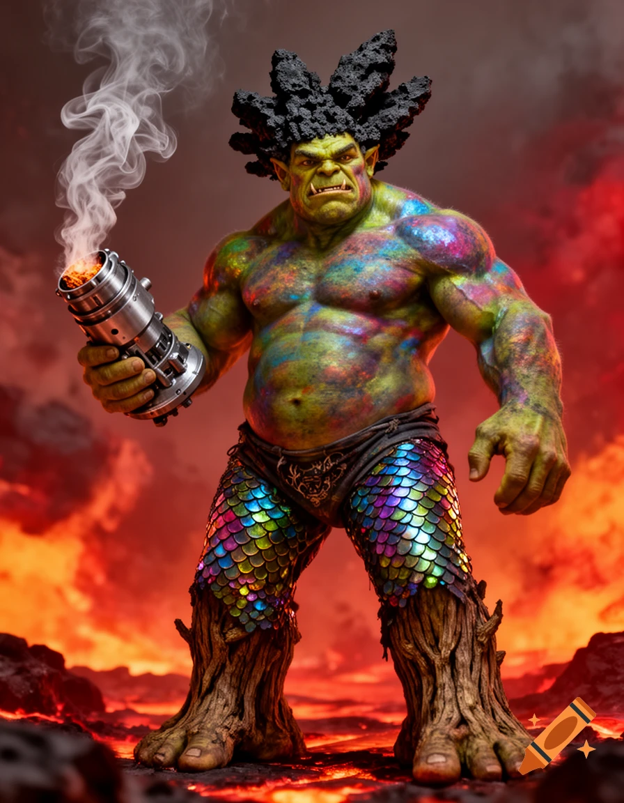 A muscular, multicolored ogre with spiky black hair and tree trunk legs wears iridescent scale pants, holding a smoking metallic device on a lava landscape.
