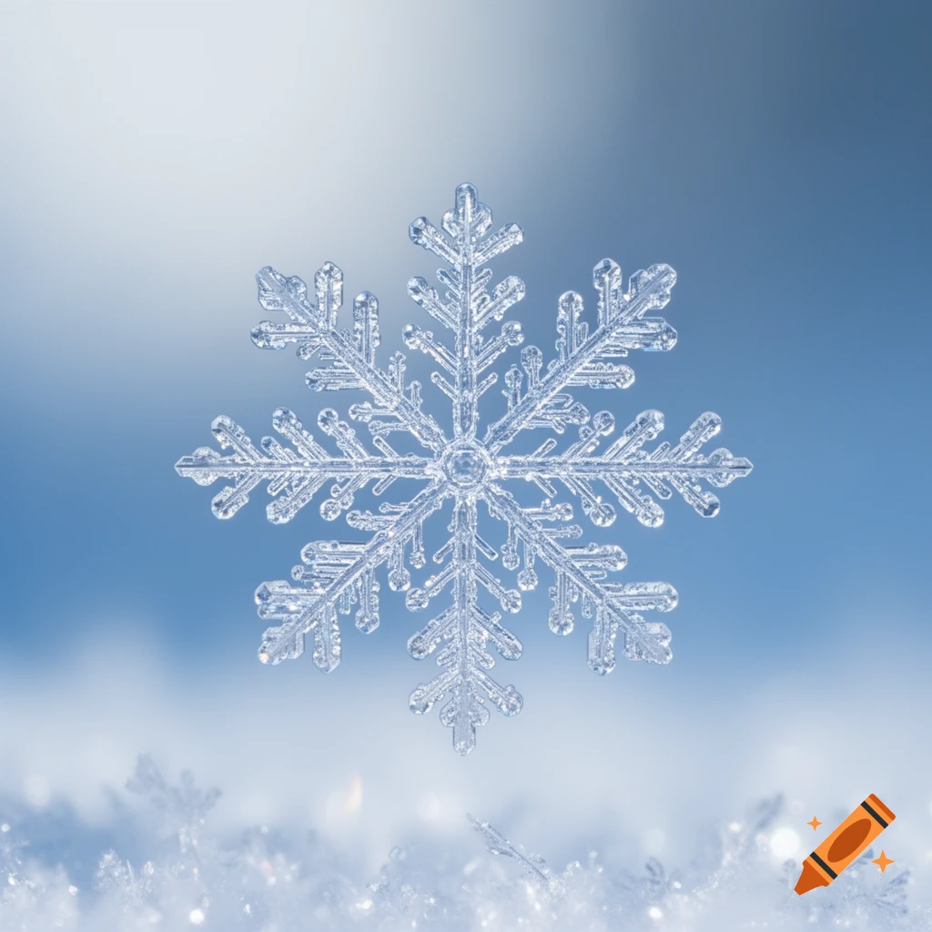 A detailed, shimmering close-up of a snowflake against a soft blue gradient background, with blurred snow crystals below.