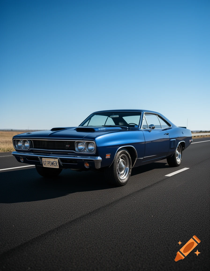 A shiny blue classic muscle car on a deserted highway under a clear blue sky.