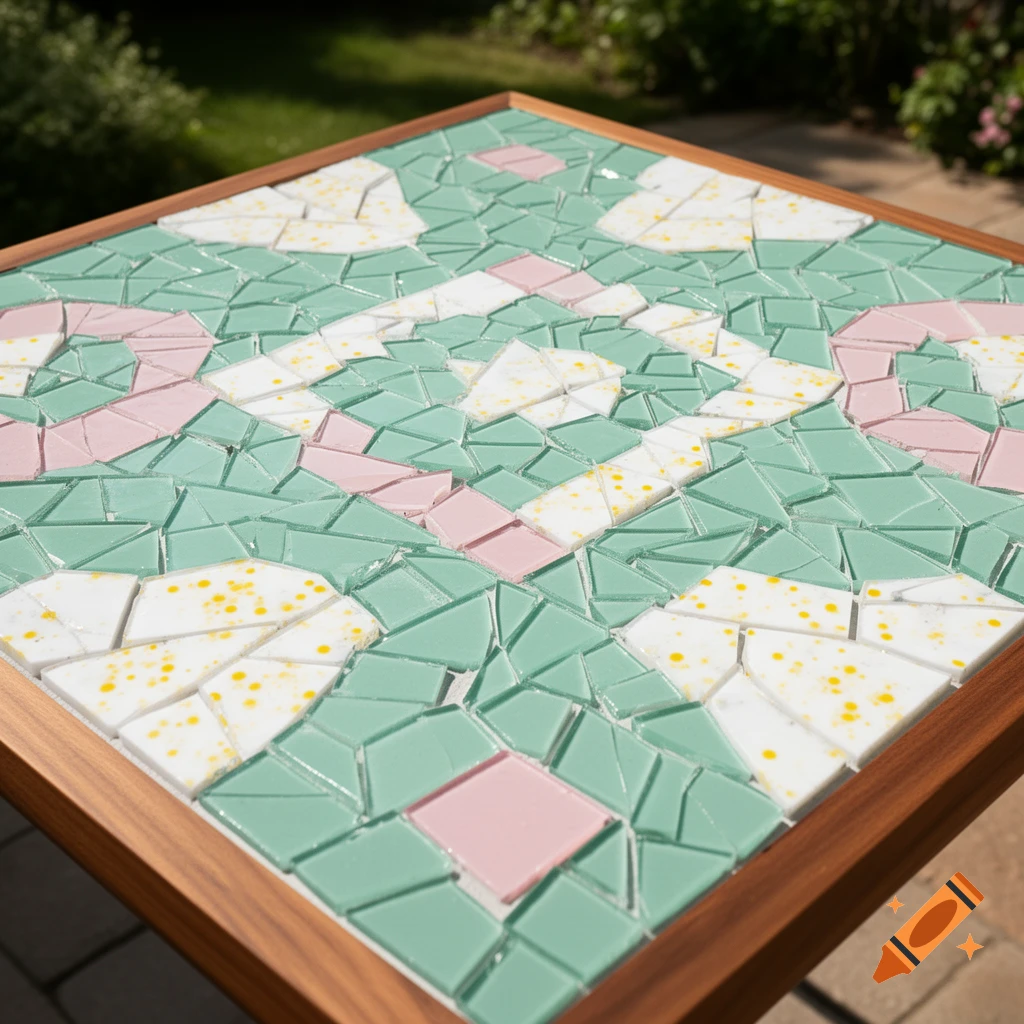 A close-up of a square mosaic table featuring seafoam green, white with yellow specks, and pale pink shattered tiles arranged in geometric patterns.