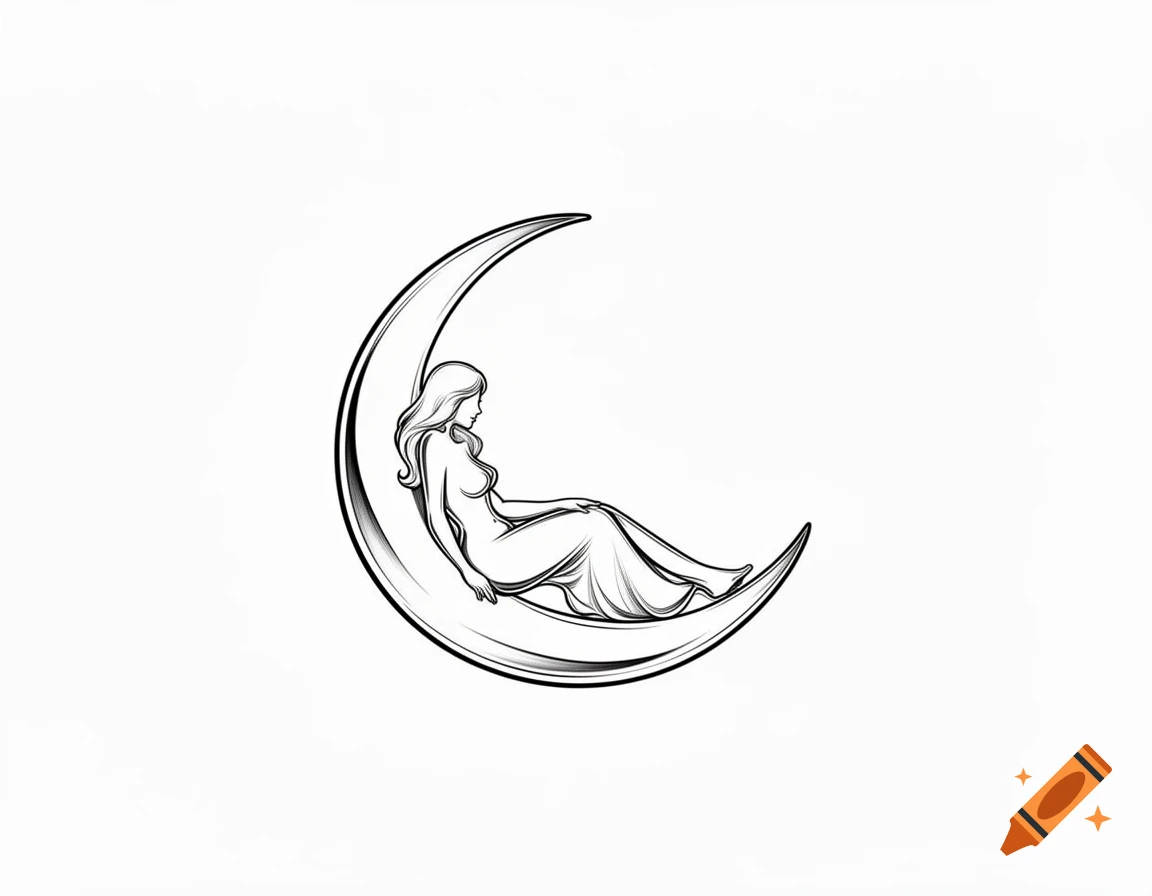 Stylized outline drawing of a curvy woman gracefully laying on a crescent moon.