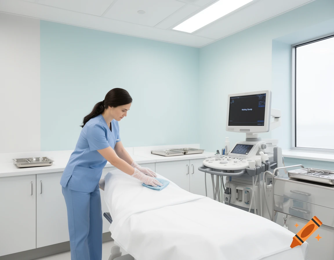 A healthcare worker in blue scrubs and gloves wipes down a medical bed in a modern hospital room with an ultrasound machine.