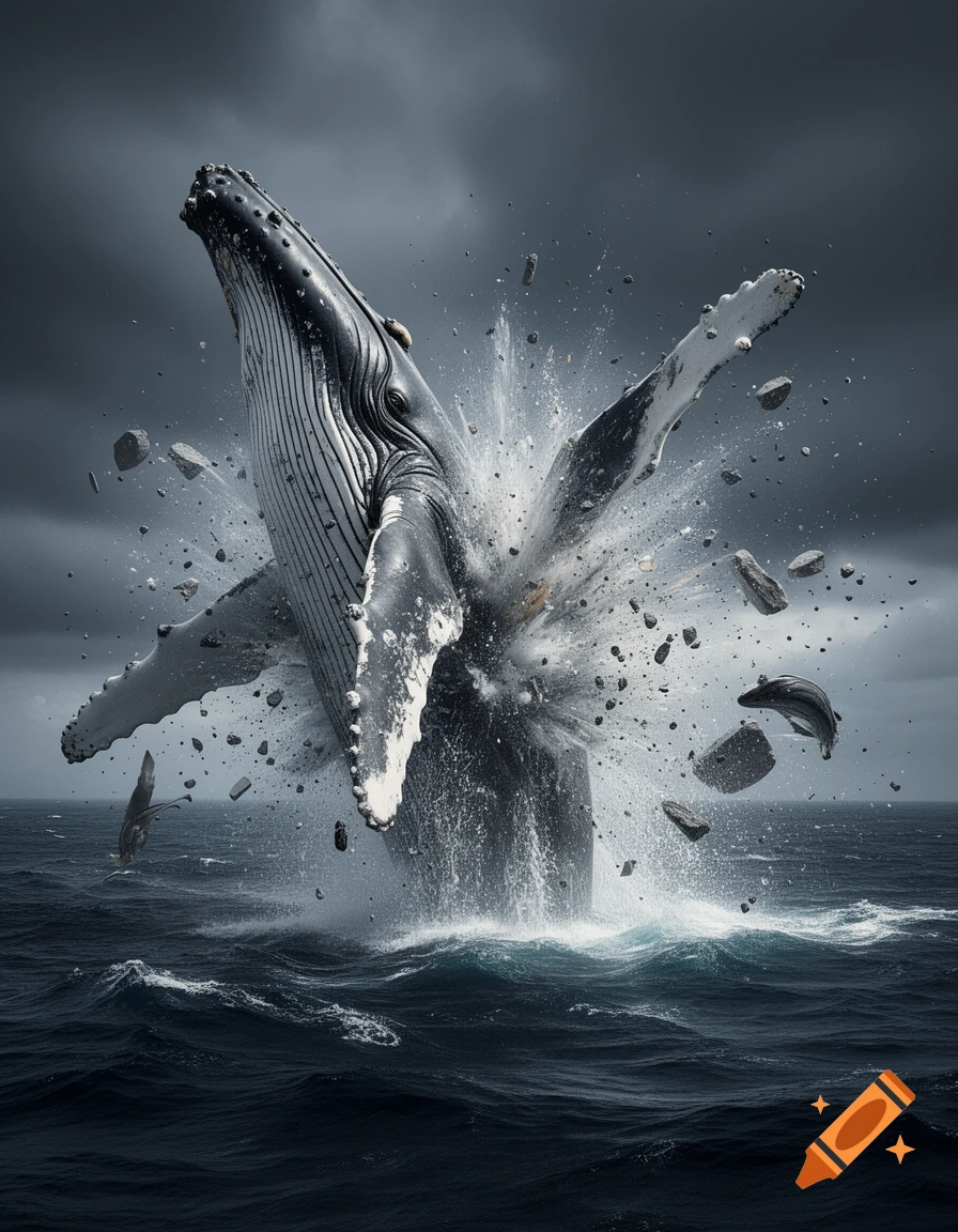 A humpback whale breaches explosively from dark ocean water, surrounded by spraying water and flying debris under a stormy sky.