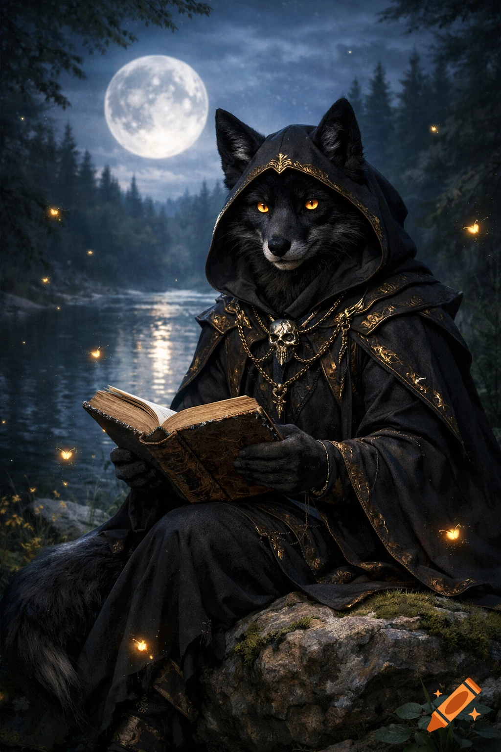 A black anthropomorphic fox in a golden-accented black cloak reads an old tome by moonlight in a forest with fireflies.