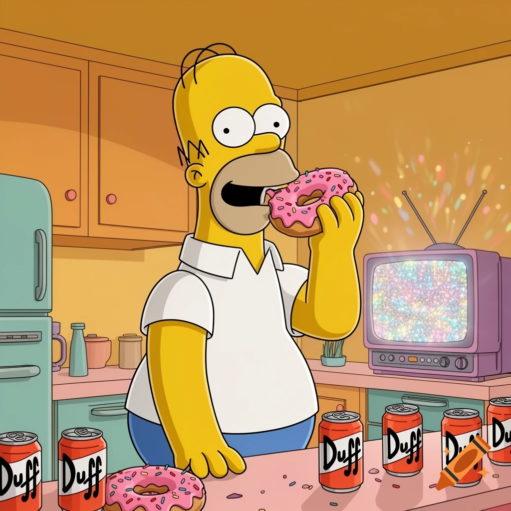 Cartoon Homer Simpson in a kitchen, eating a pink donut while surrounded by Duff beer cans and a static-filled TV.