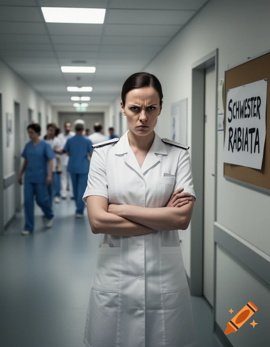 A stern, frowning nurse with crossed arms stands in a hospital hallway with other staff in the background. A sign reads "Schwester Rabiata".