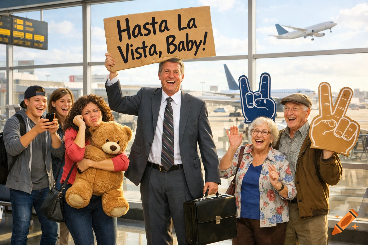 A diverse group of people at an airport, a man in a suit holds a sign reading "Hasta La Vista, Baby!" as others laugh and wave foam fingers. Photorealistic.