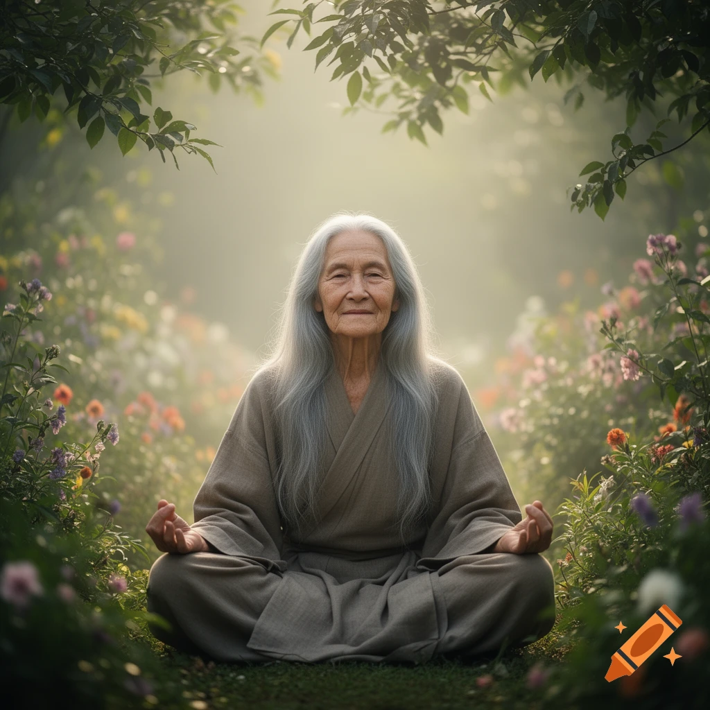 Elderly woman with long grey hair meditating in a serene, misty flower garden.