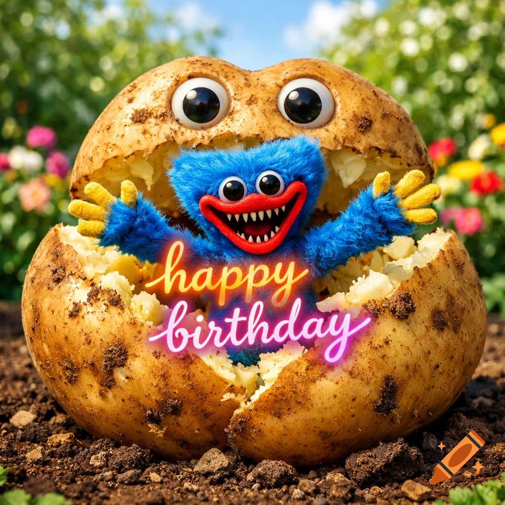 A blue furry Huggy Wuggy monster with sharp teeth emerges from a giant potato with googly eyes, with glowing 'happy birthday' text.