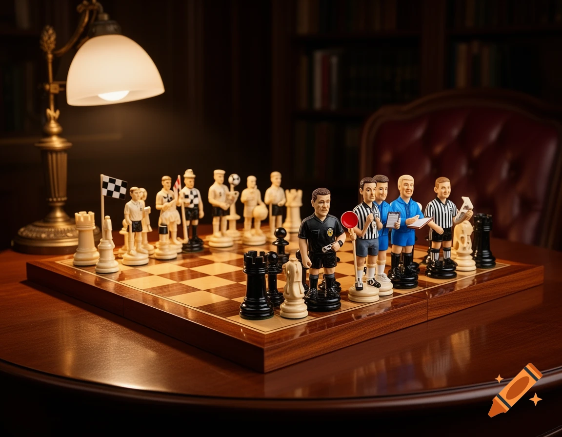 A photorealistic chess set with pieces styled as football referees and officials, on a wooden table under a warm lamp.