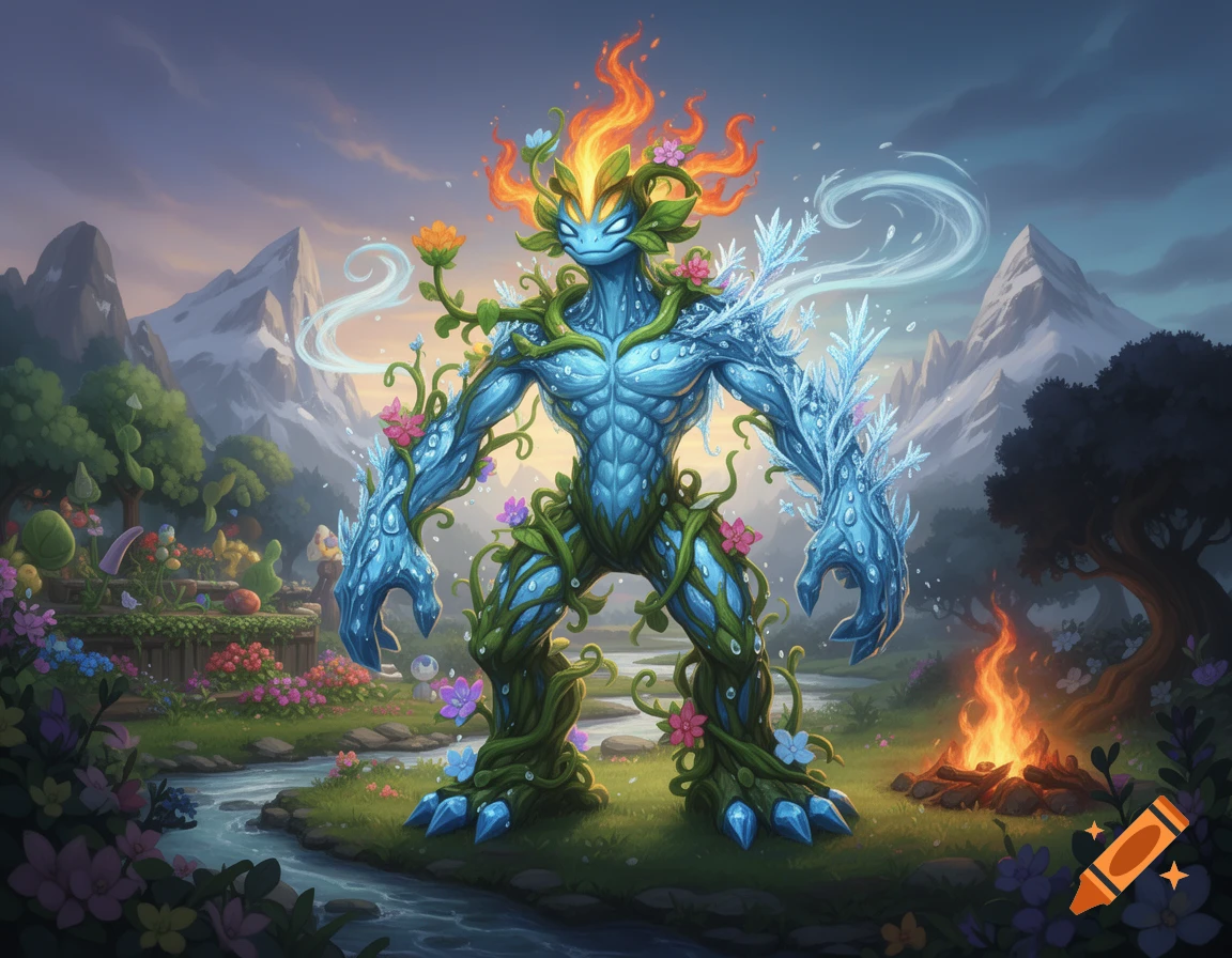 A stylized elemental monster with a blue body, fiery head, covered in vines and flowers, and an icy arm, stands in a vibrant fantasy landscape.