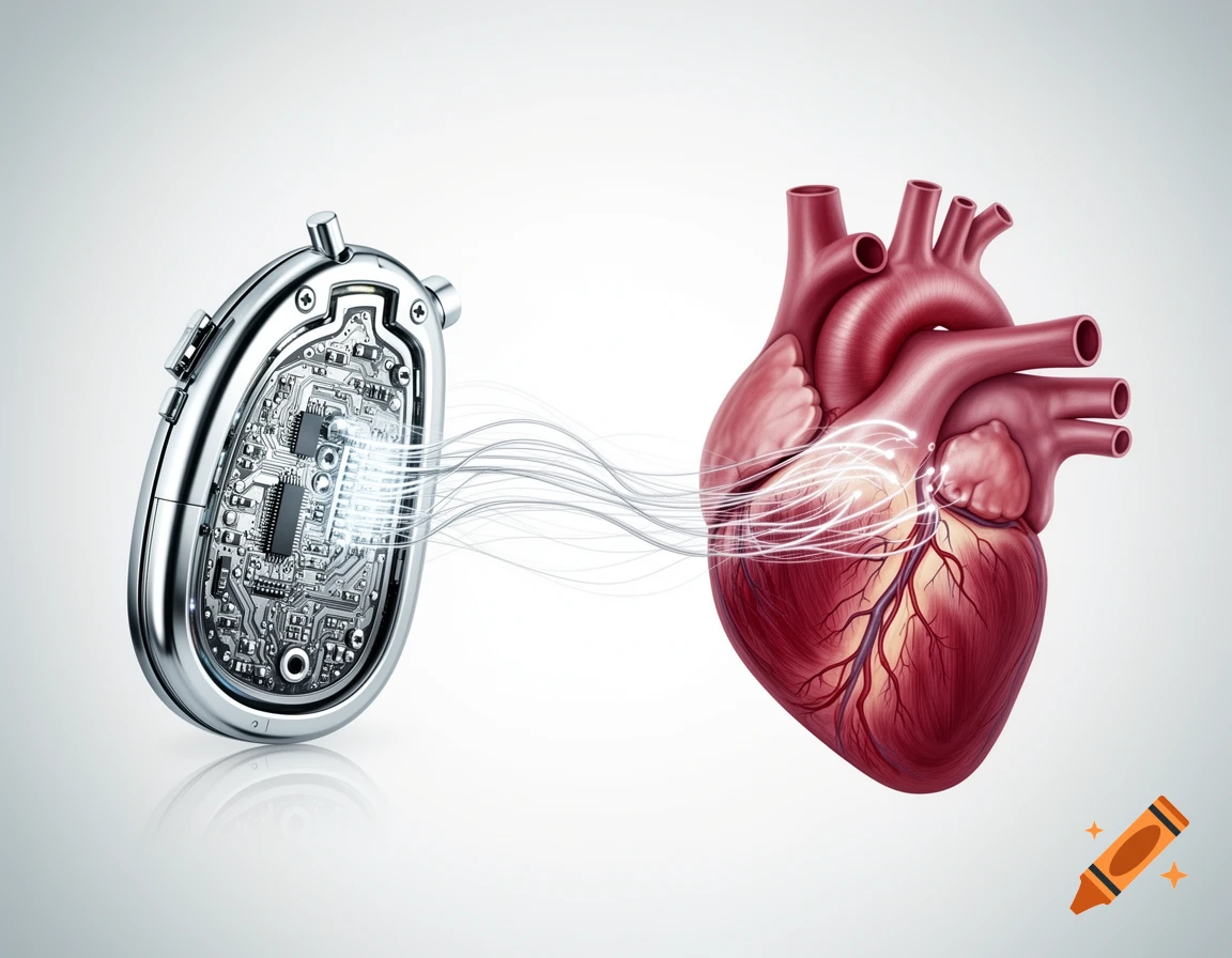 A metallic medical device showing internal circuitry, connected by glowing wires to a realistic human heart, against a white background.