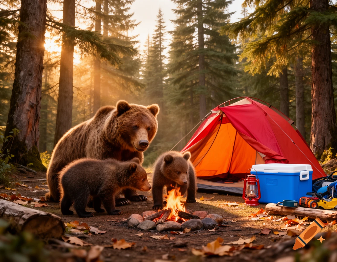 A family of brown bears, a mother and two cubs, camping in a sunlit forest with a red tent, cooler, and campfire.