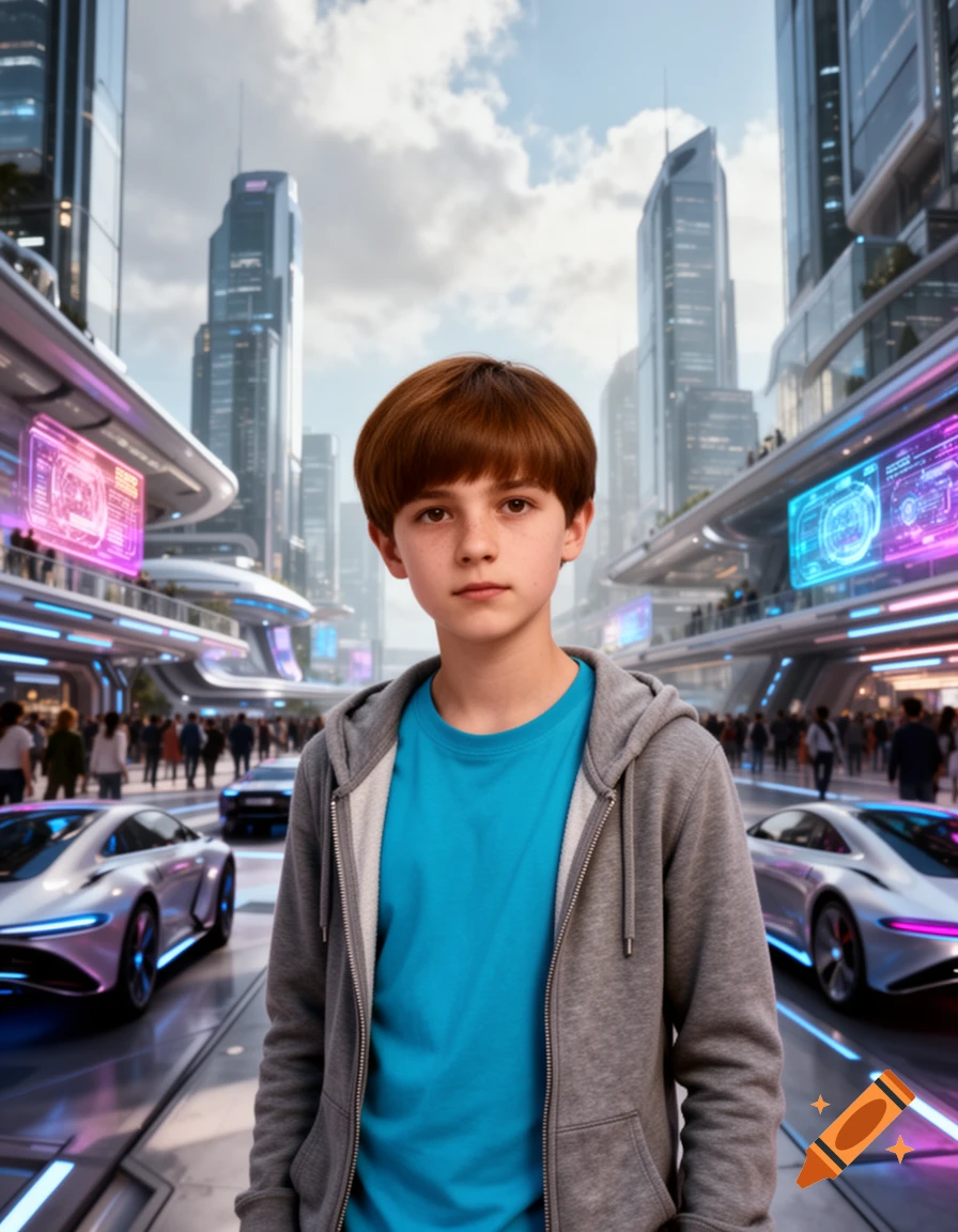 A young boy with reddish-brown hair in a grey hoodie stands on a futuristic city street with sleek cars and tall buildings.