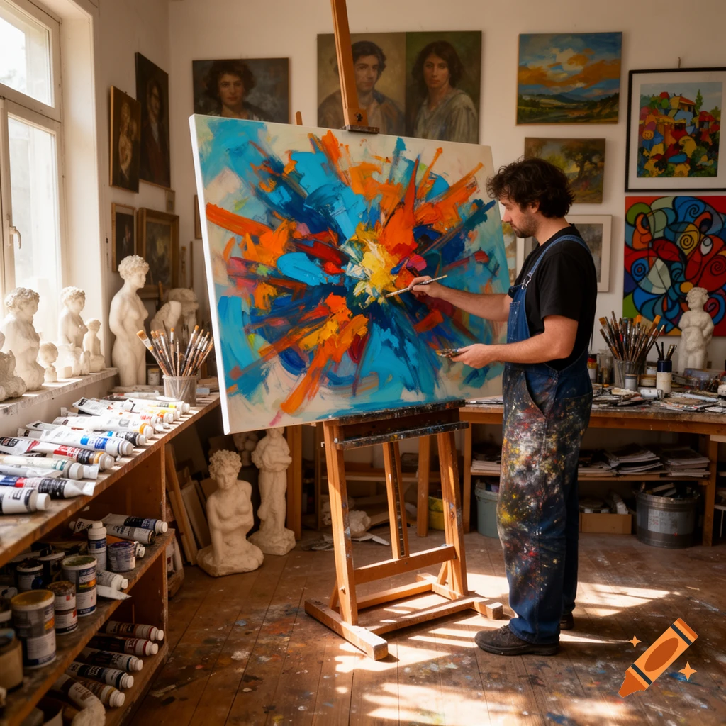 A male artist in paint-splattered overalls paints a vibrant abstract artwork in a sunlit art studio, surrounded by supplies.