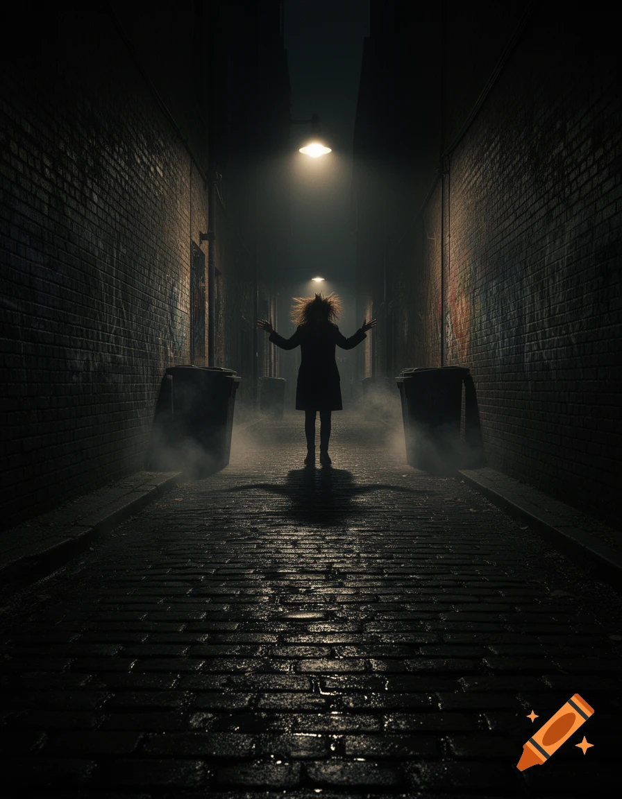 A silhouetted figure with spiky hair and outstretched arms stands in a dark, foggy alley with wet cobblestones under a single light.