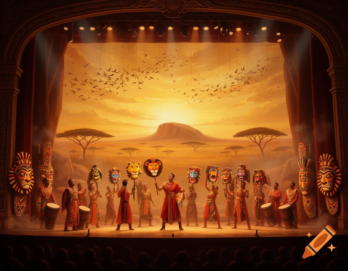 A vibrant stage performance depicting African-inspired dancers and drummers holding animal masks, against a savanna sunset backdrop, reminiscent of The Lion King.
