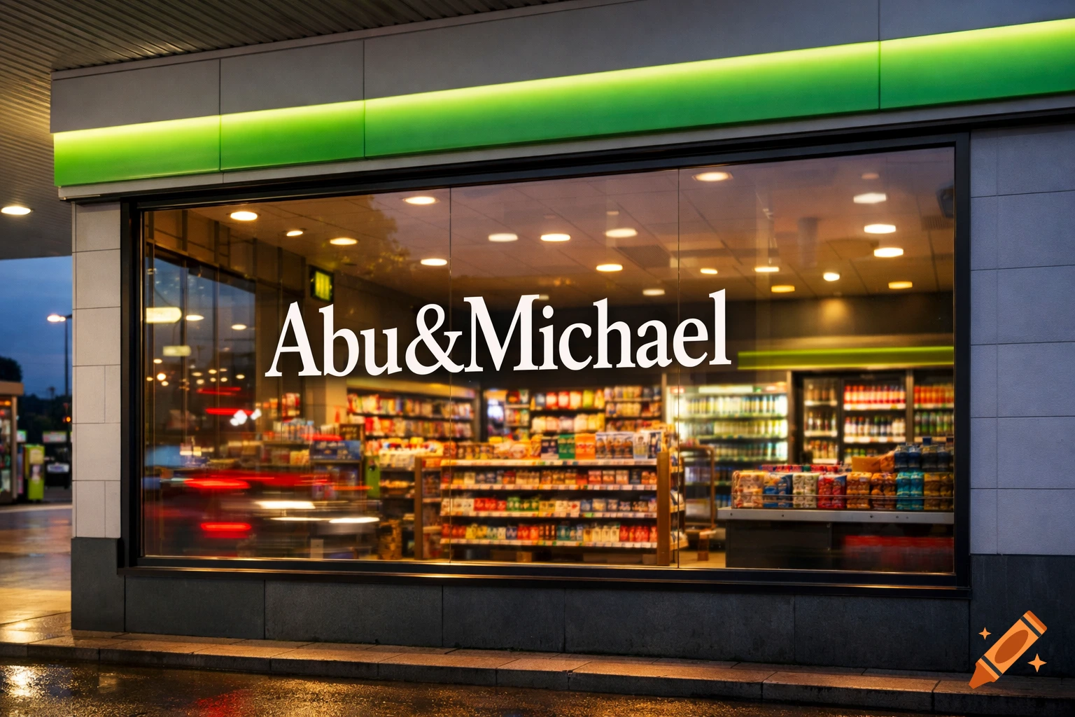A brightly lit petrol station convenience store at dusk, with the name 'Abu&Michael' displayed prominently on its large glass window.