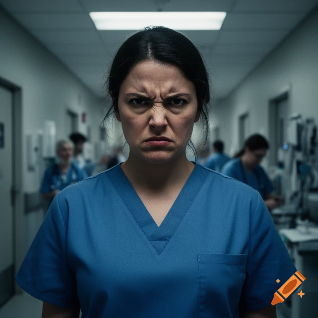 A photorealistic portrait of an angry nurse in blue scrubs, glaring directly at the viewer in a hospital hallway.