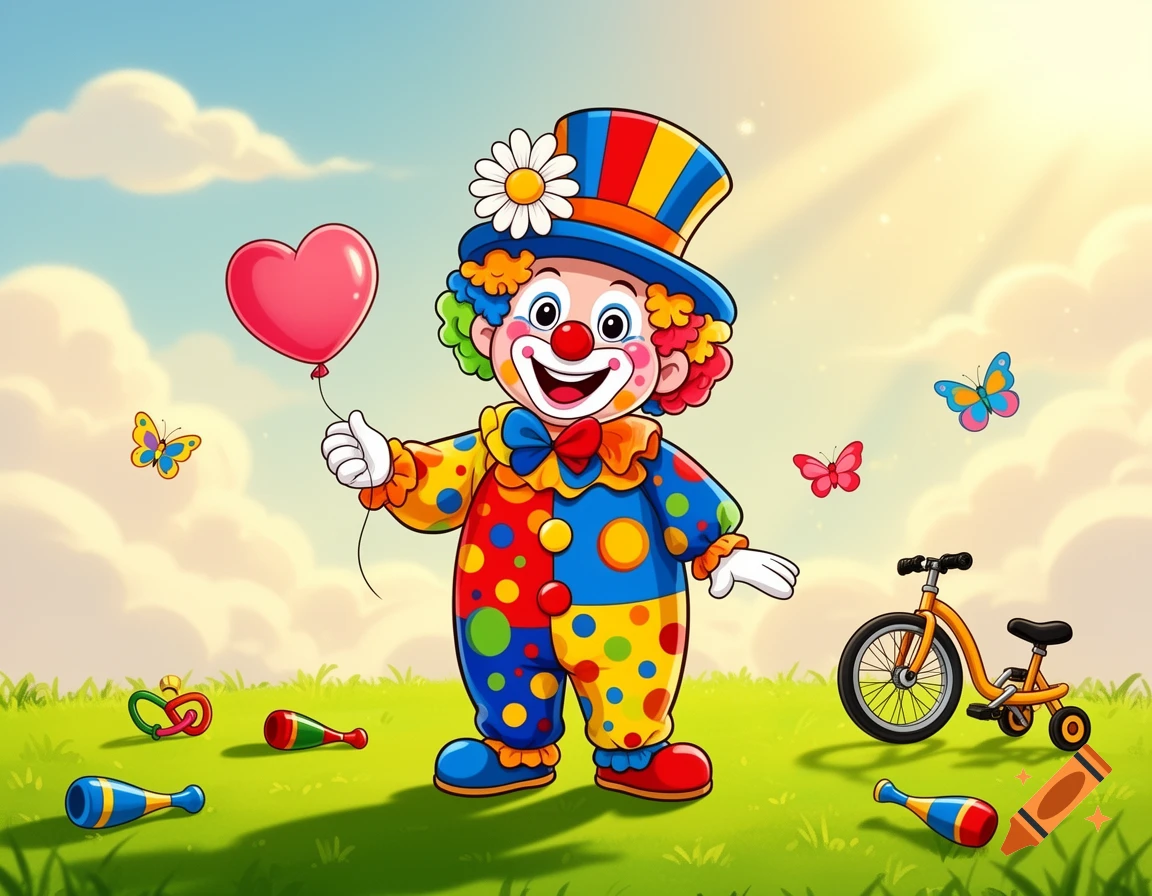 A colorful cartoon clown in a polka-dotted suit and striped hat holds a red heart balloon, surrounded by butterflies and juggling pins in a sunny field.