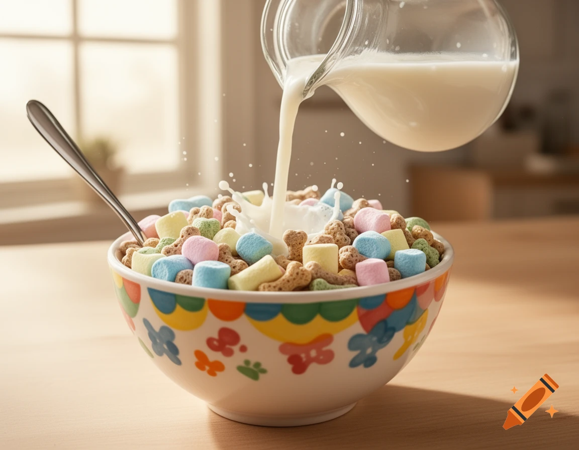 Milk splashes into a colorful bowl filled with bone-shaped cereal and assorted pastel marshmallows, with a spoon resting in it.