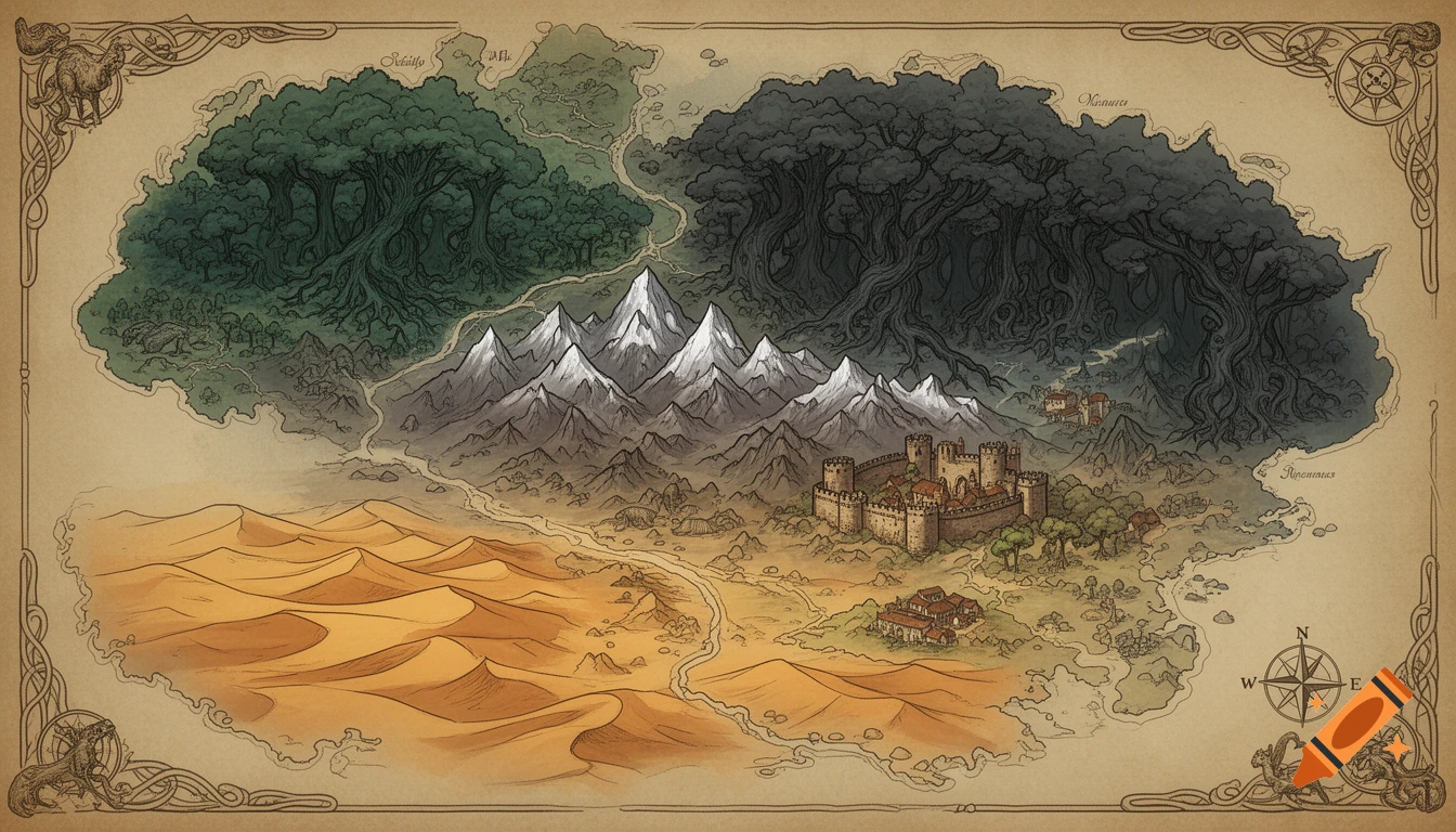 A detailed top-down fantasy world map featuring gloomy forests, deserts, snow-capped mountains, and medieval castles.