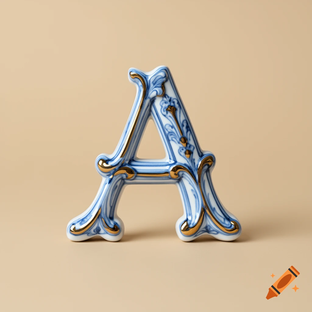 A decorative porcelain letter A with blue and white floral patterns and gold accents, against a beige background.
