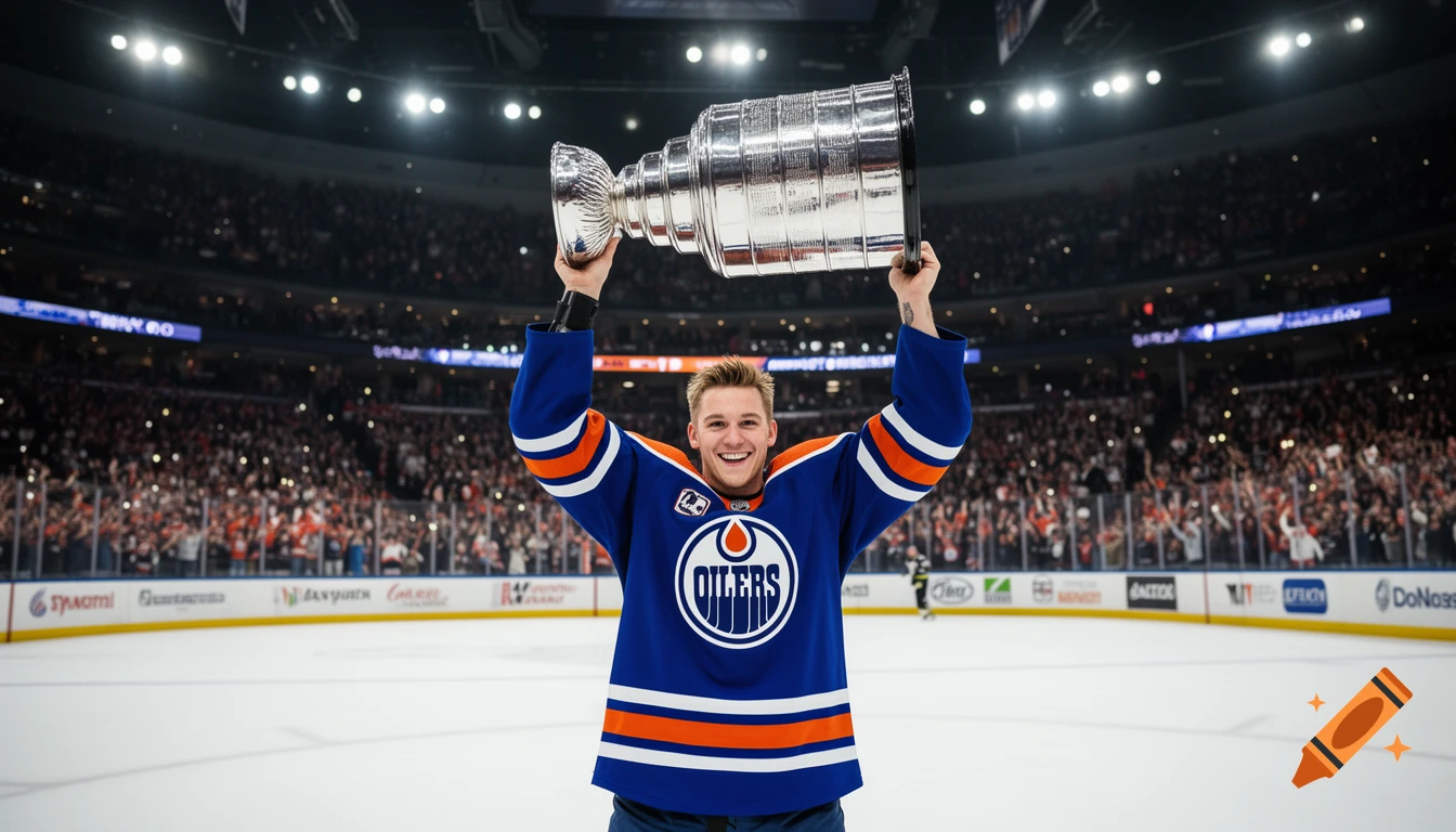 A smiling hockey player in a blue and orange Oilers jersey stands on the ice, holding the Stanley Cup trophy above his head in a crowded arena.