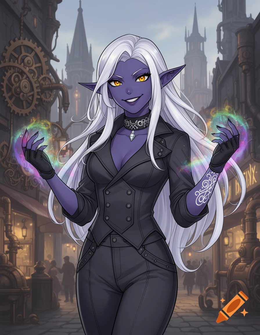 An anime-style female Drow elf with long white hair, dark indigo skin, and amber eyes, wearing a black layered outfit with fingerless gloves, smirking and casting prismatic magic in a steampunk urban setting.