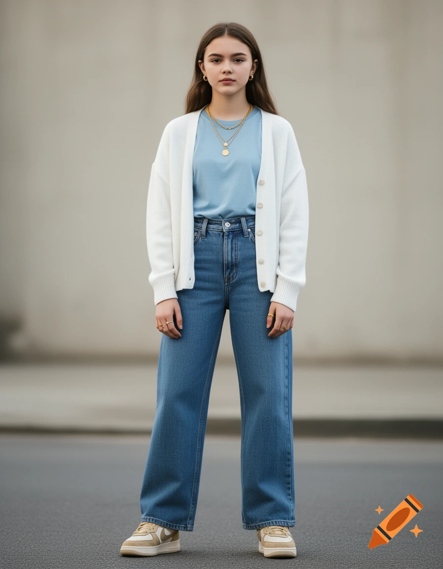 A teenage girl wearing a white cardigan, blue t-shirt, wide-leg jeans, and beige sneakers stands confidently on an urban street.