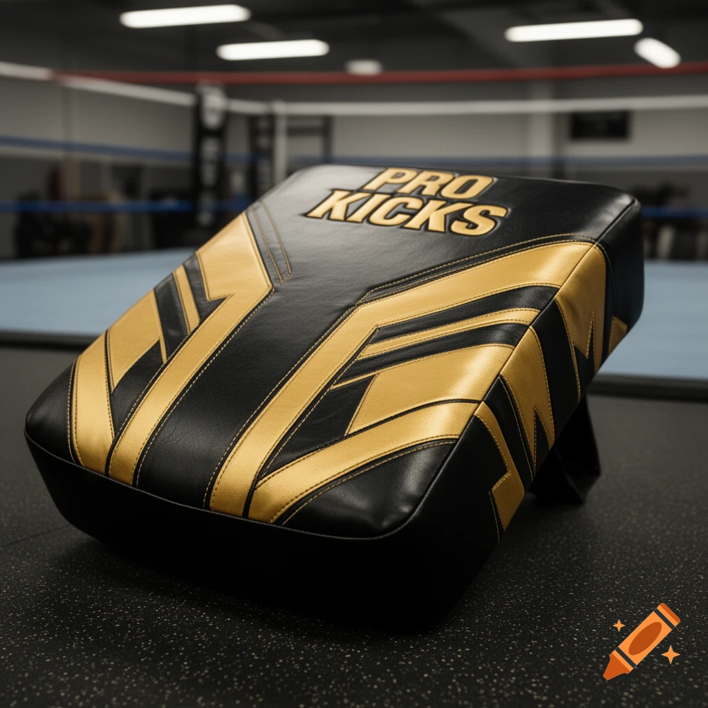 A black and gold 'PRO KICKS' wrestling kickpad on a gym floor with a boxing ring in the blurred background.