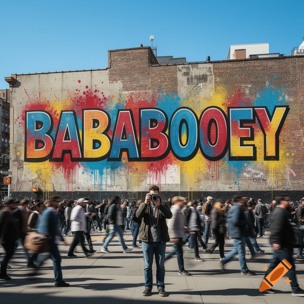 A street photographer captures a large, colorful "BABABOOEY" graffiti mural on a city building, surrounded by blurred crowds.