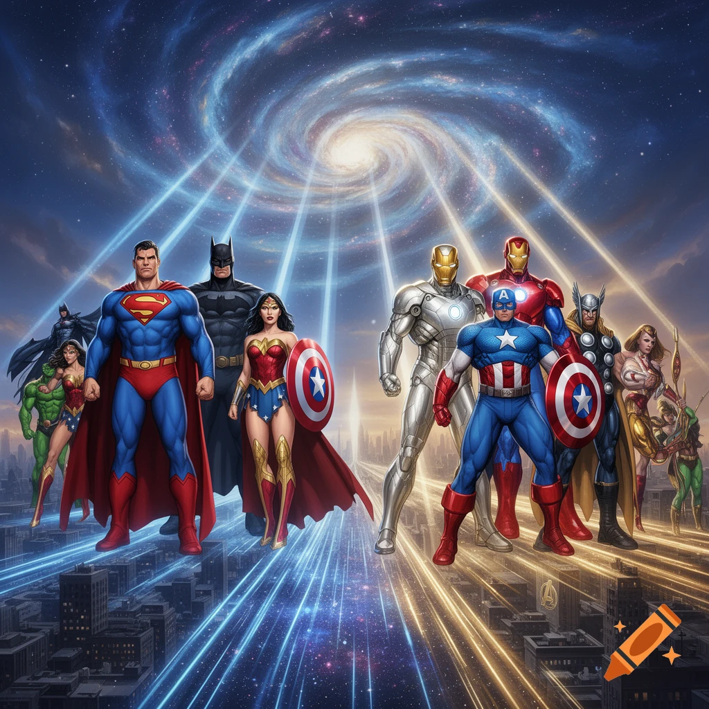 An epic crossover illustration of Marvel and DC superheroes including Superman, Batman, Wonder Woman, Iron Man, and Captain America, standing on city rooftops with a swirling galaxy in the background.