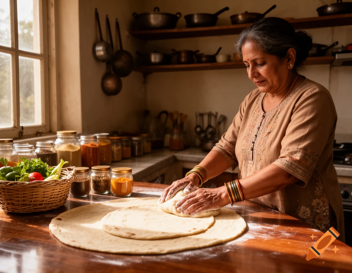 An elderly Indian woman in a traditional dress kneads dough for flatbread on a wooden counter in a warm, sunlit kitchen.