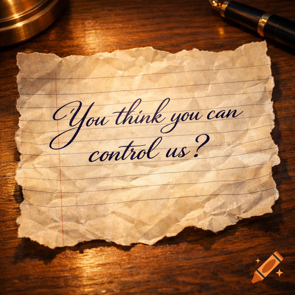 A crumpled lined paper note on a wooden desk with a pen and lamp base reads "You think you can control us?"