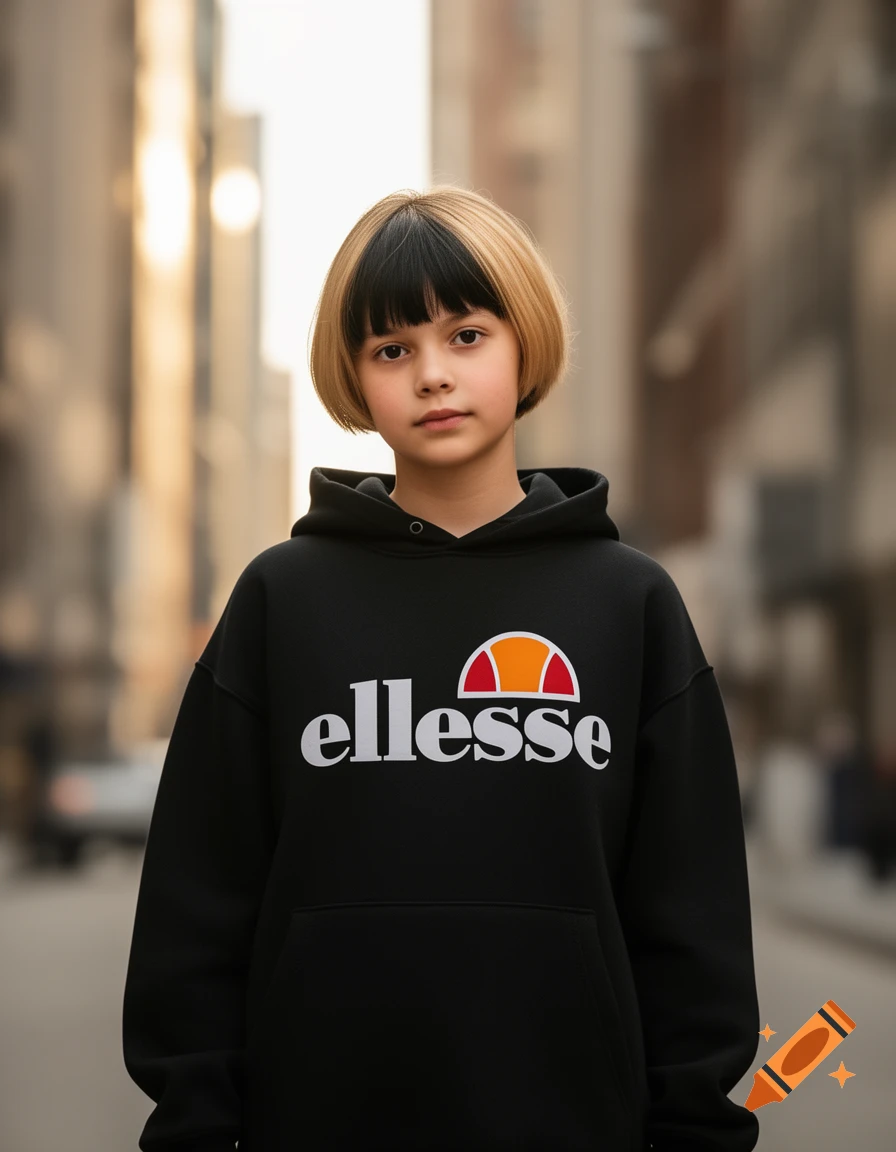 A girl with black and blonde bob hair wears a black Ellesse hoodie, standing on a blurred city street.